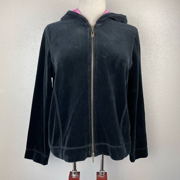 Oleg Cassini Black Velour and Hot Pink Full Zip Hoodie Jacket Size M EUC - Picture 1 of 7
